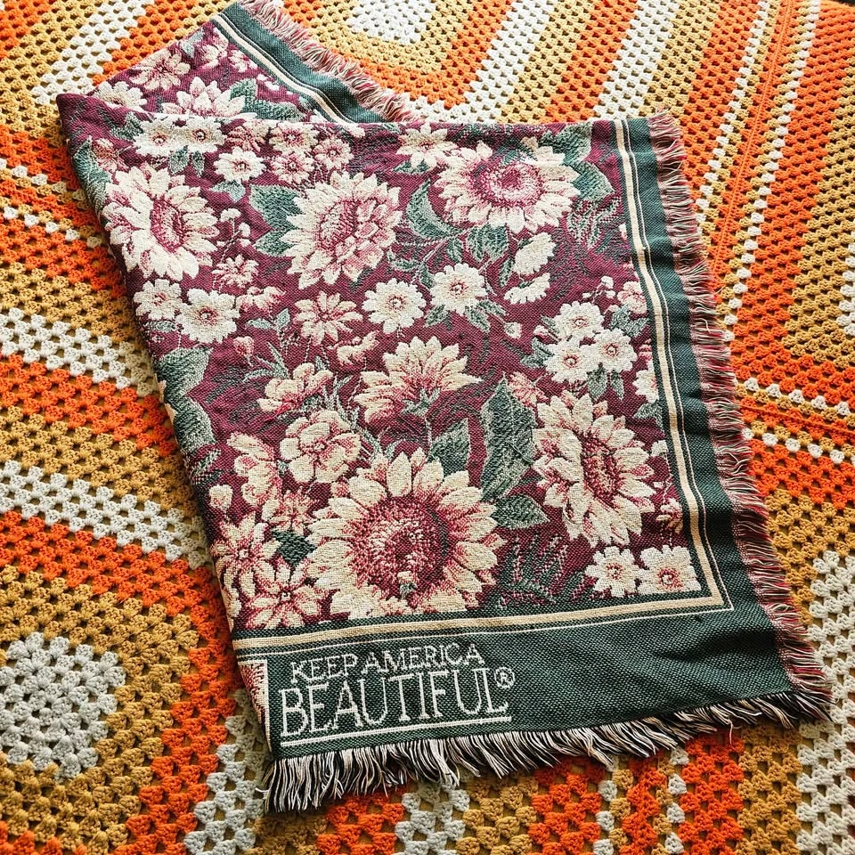 90s Sunflower Tapestry Woven Throw Blanket Floral Vintage - photo 2