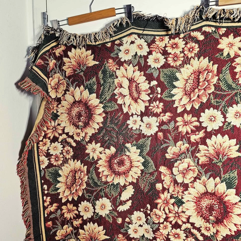 90s Sunflower Tapestry Woven Throw Blanket Floral Vintage - photo 4