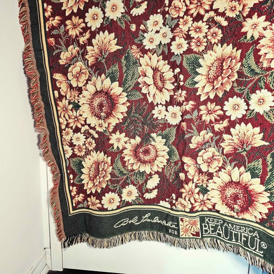 90s Sunflower Tapestry Woven Throw Blanket Floral Vintage - photo 5