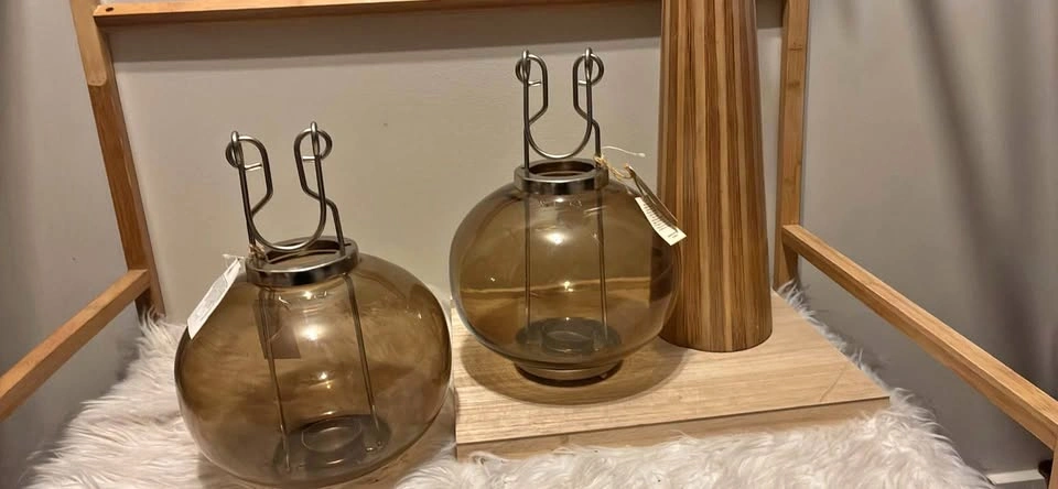 Amber Glass Candle Lantern x2