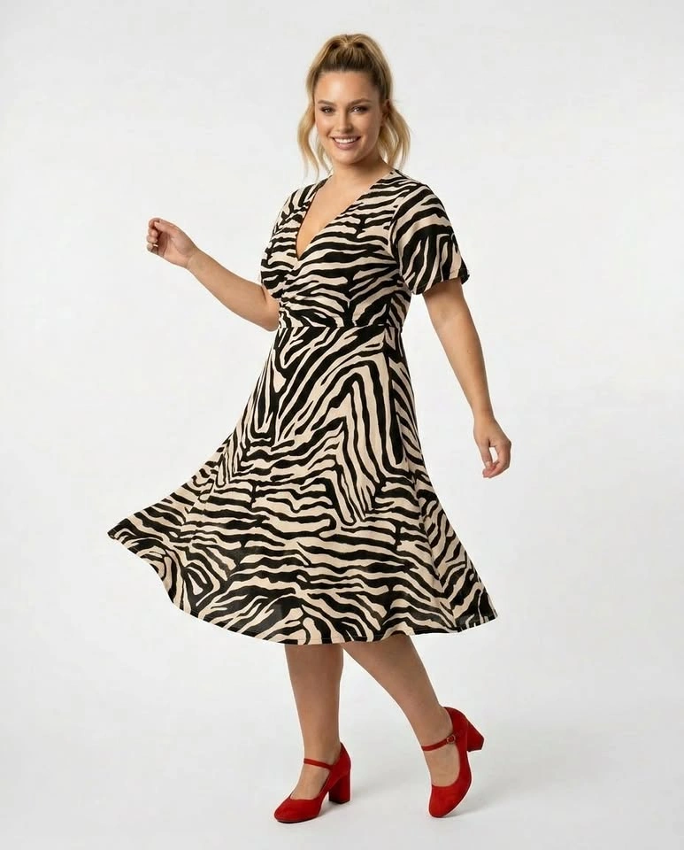 Flattering Zebra Print Wrap Dress XL (Fits 14-16) A-Line Midi
