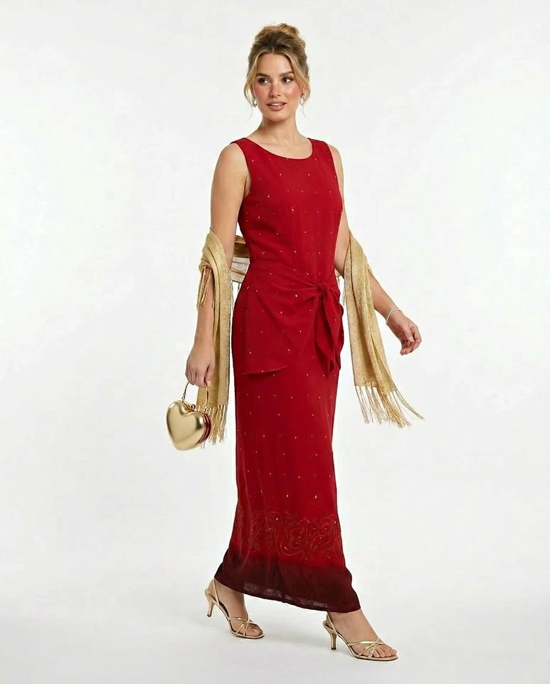 Elegant Cranberry Maxi Evening Dress w Gold Details Size 5