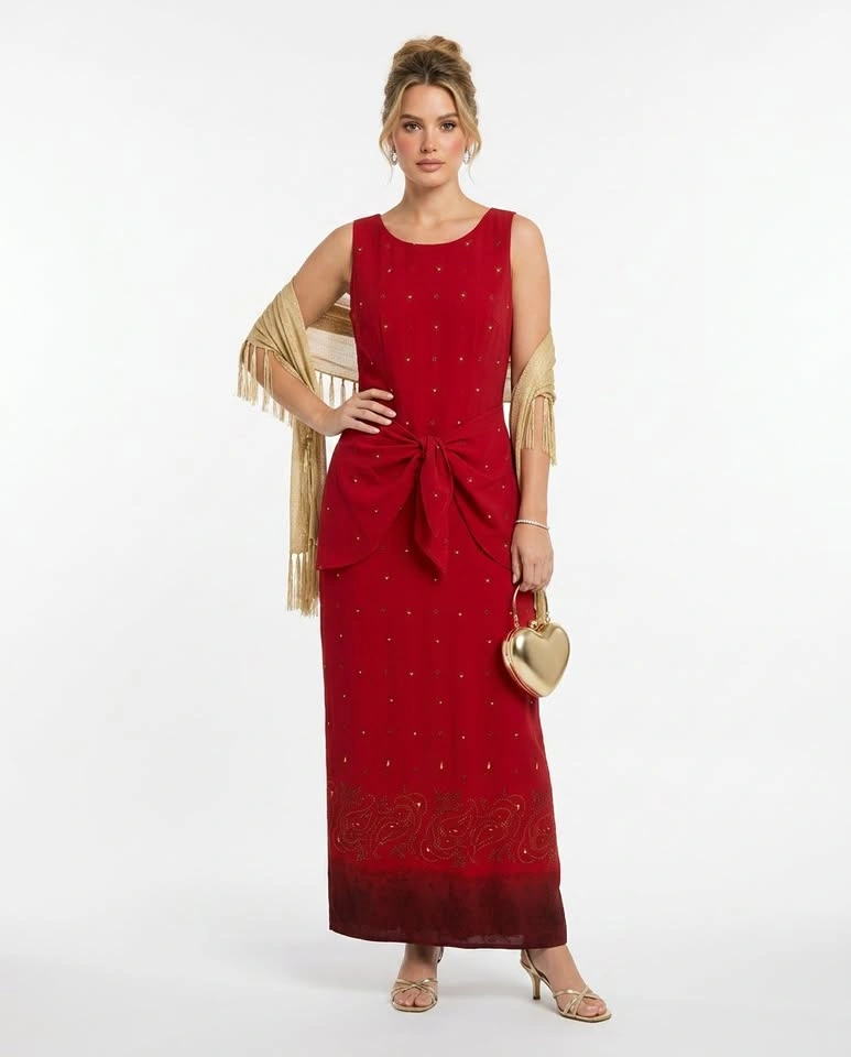 Elegant Cranberry Maxi Evening Dress w Gold Details Size 5 - photo 2