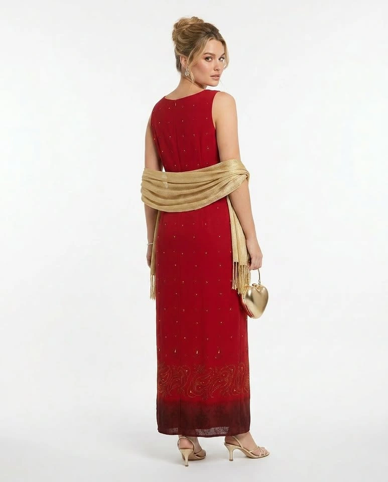Elegant Cranberry Maxi Evening Dress w Gold Details Size 5 - photo 4