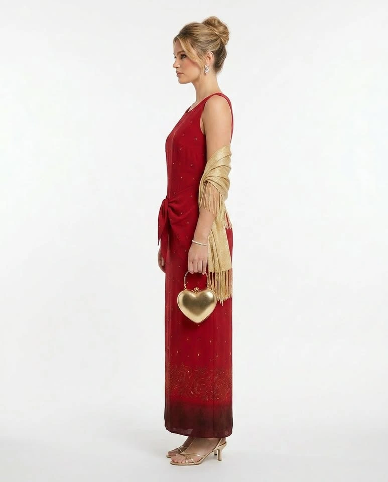 Elegant Cranberry Maxi Evening Dress w Gold Details Size 5 - photo 5