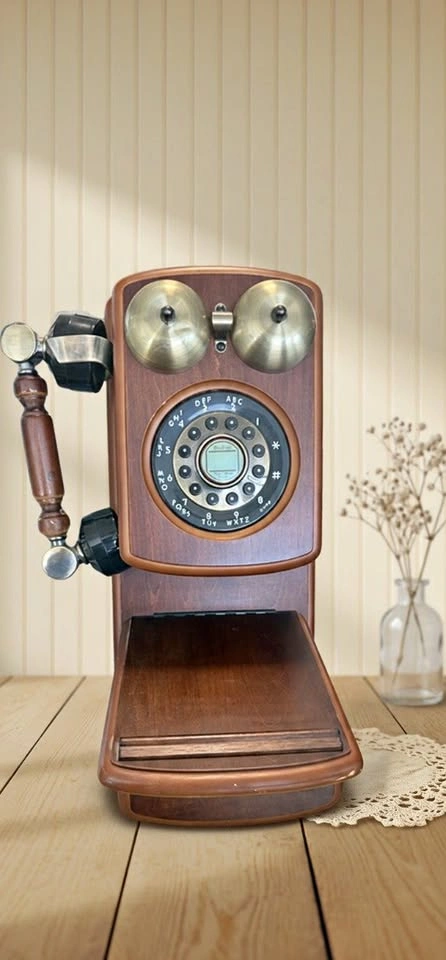 Vintage Style Wall Landline Telephone – Wood & Brass Retro Decor