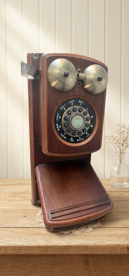 Vintage Style Wall Landline Telephone – Wood & Brass Retro Decor - photo 3