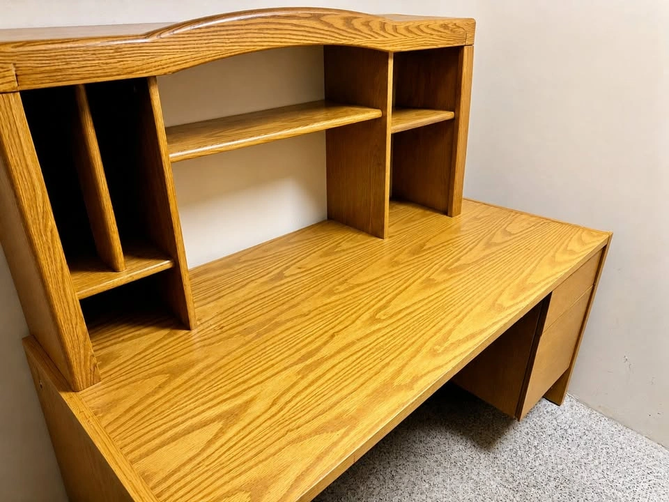 Large Oak Computer Desk with Hutch & Drawers