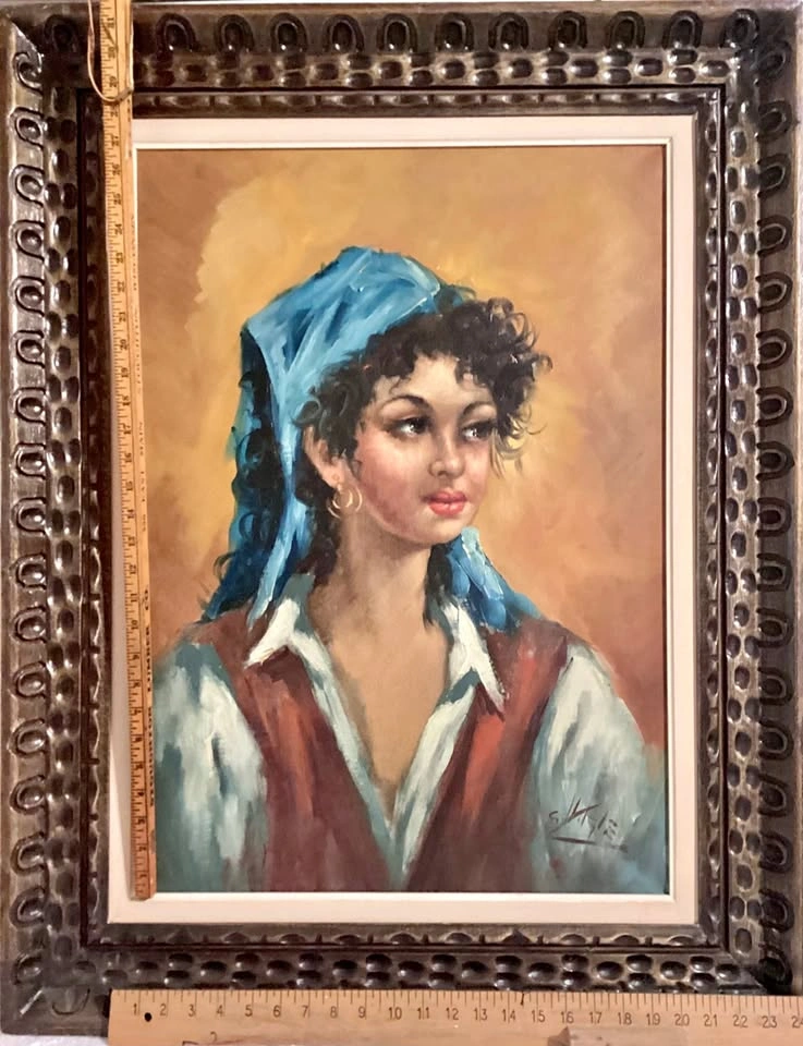 GYPSY WOMAN in a Blue Scarf, S.Hilgle Oil Painting, 26.5x20"