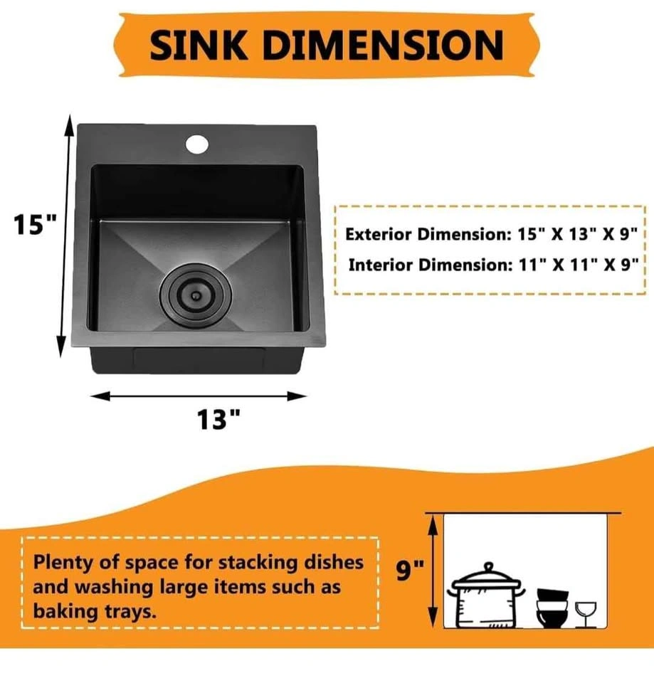 Drop in Black Bar Sink, 13x15 Inch Topmount Single Bowl Sink - photo 3