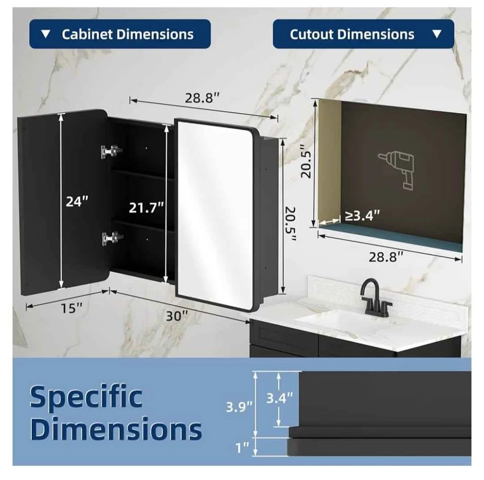 Bathroom Medicine Cabinet with Mirror 24 x 30 Inch, Black - photo 4