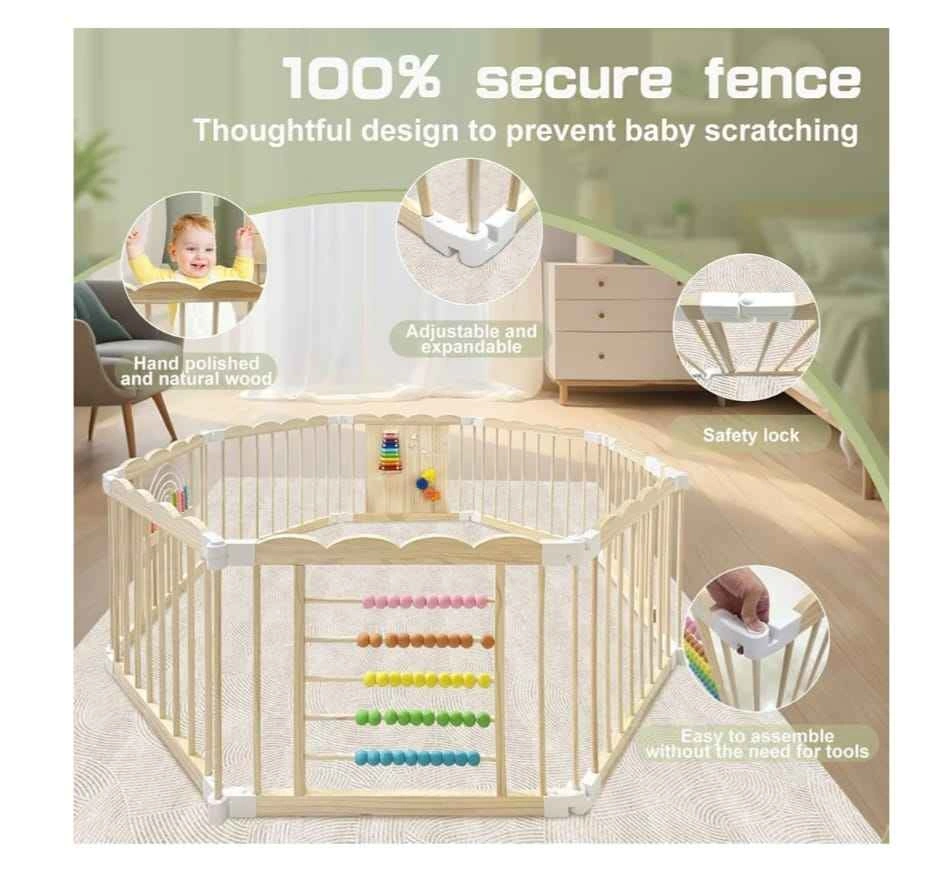 Baby Playpen, 60x60x24 Inch Adjustable Wooden Activity Centre - photo 2