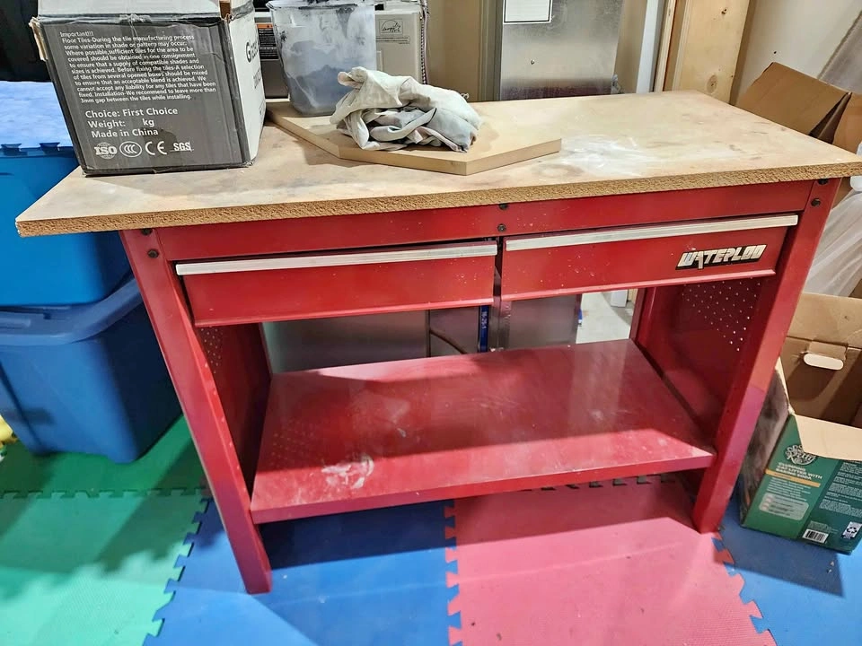 Red metal 2 drawer garage work bench waterloo brand