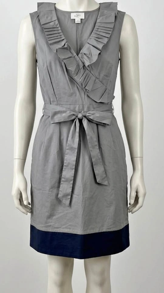 LOFT Grey Ruffle V-Neck Dress with Navy Blue - 2P