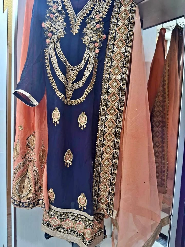 Navy Gold Embroidered Dress
