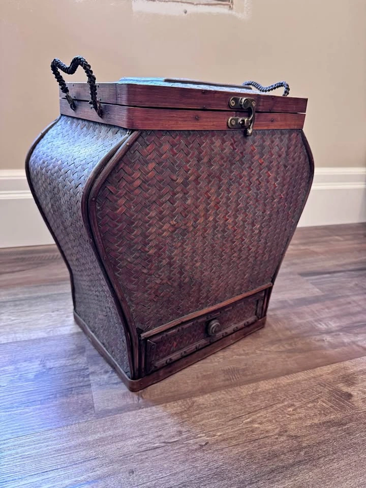 Vintage Woven Bamboo Storage Basket with Drawer