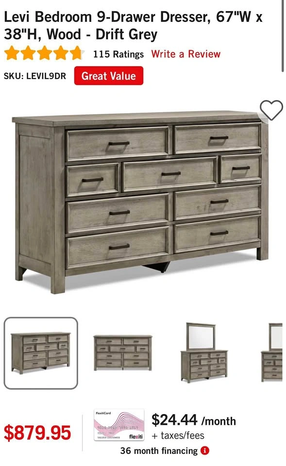 Levi Bedroom 9-Drawer Dresser + Mirror (Wood - Drift Grey)