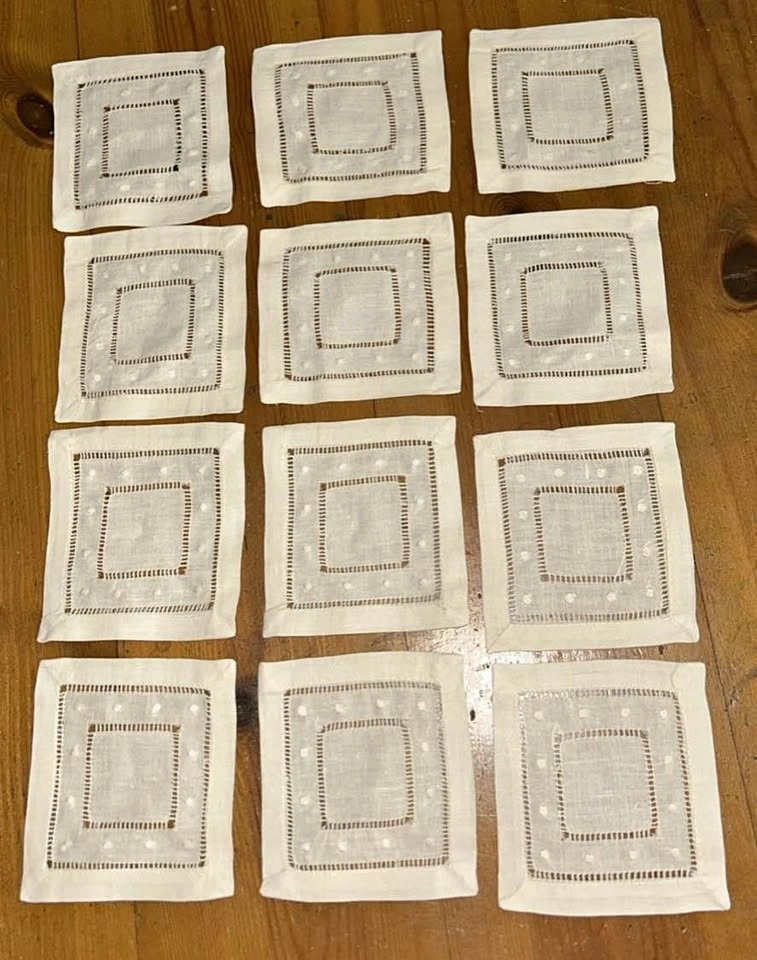 12 Vintage Ivory Linen Coasters
