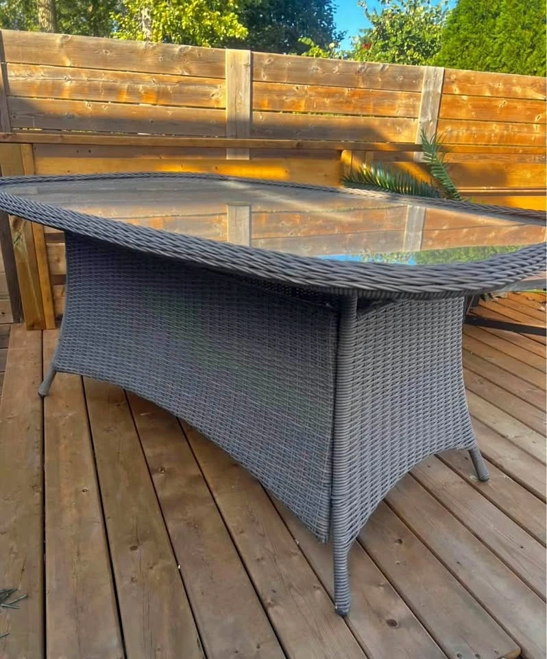 Large Oval Brown Wicker Patio Table - Tempered Glass Top