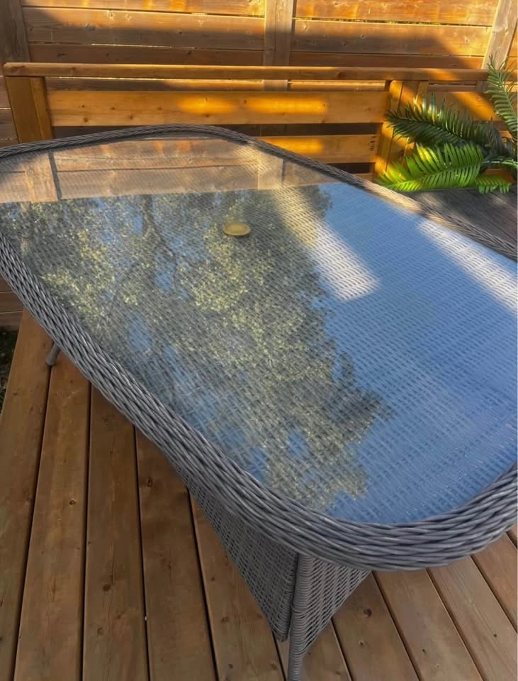 Large Oval Brown Wicker Patio Table - Tempered Glass Top - photo 2