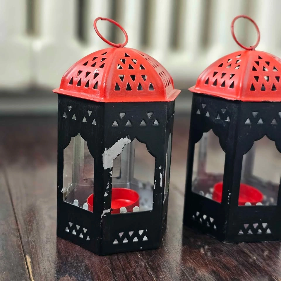 Set of 3 Red Black Metal Hanging Tea Light Lanterns - photo 4