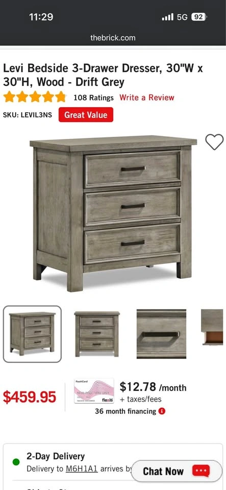 Levi Bedside 3-Drawer Dresser Nightstand (Wood - Drift Grey)