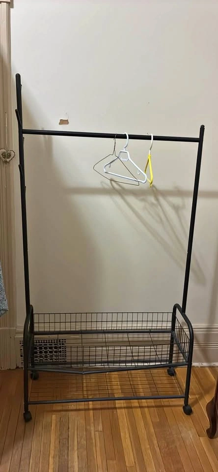 Rolling clothing rack with basket and shoe shelf