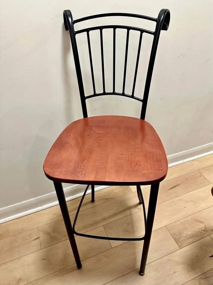 Made in Canada Two Mahogany Wood and Wrought Iron Barstools
