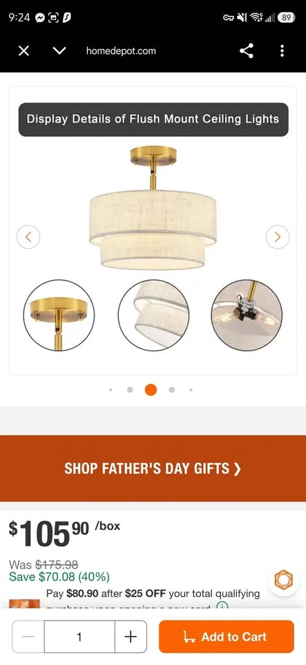 Gold Ceiling Light Fixture with Linen Shade 12.6 in. - photo 2