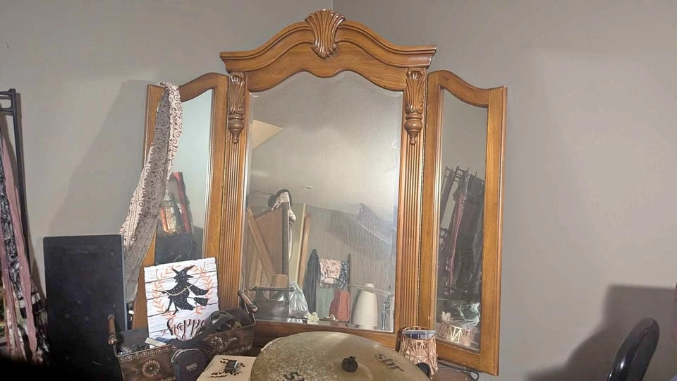 Vintage Ornate Wood Tri-Fold Dresser Mirror