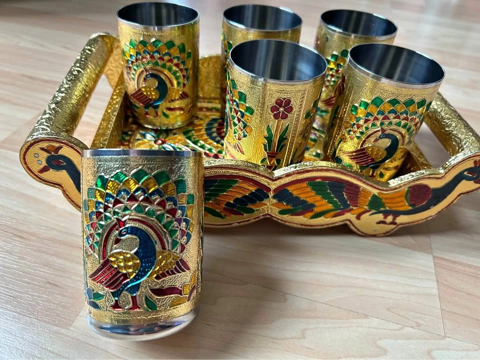 New Stock Peacock Steel Glasses with Tray