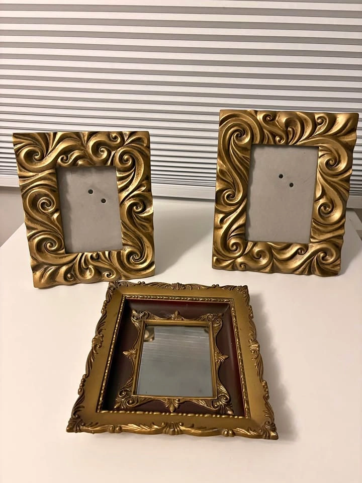 Set of 3 Gold Ornate Picture Frames and Mirror