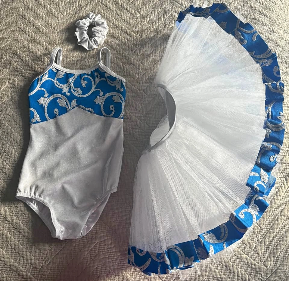 Jazzamatazz Girls Blue White Dance Leotard Tutu Scrunchie Set 7-