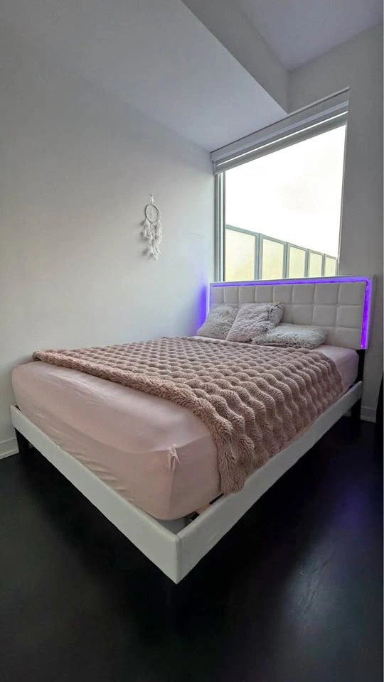 Modern White Queen Bed Frame with LED Lights & Mattress