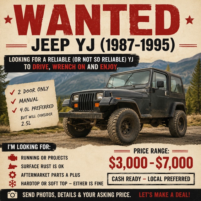 Wanted: Jeep Wrangler YJ - 1987 to 1995