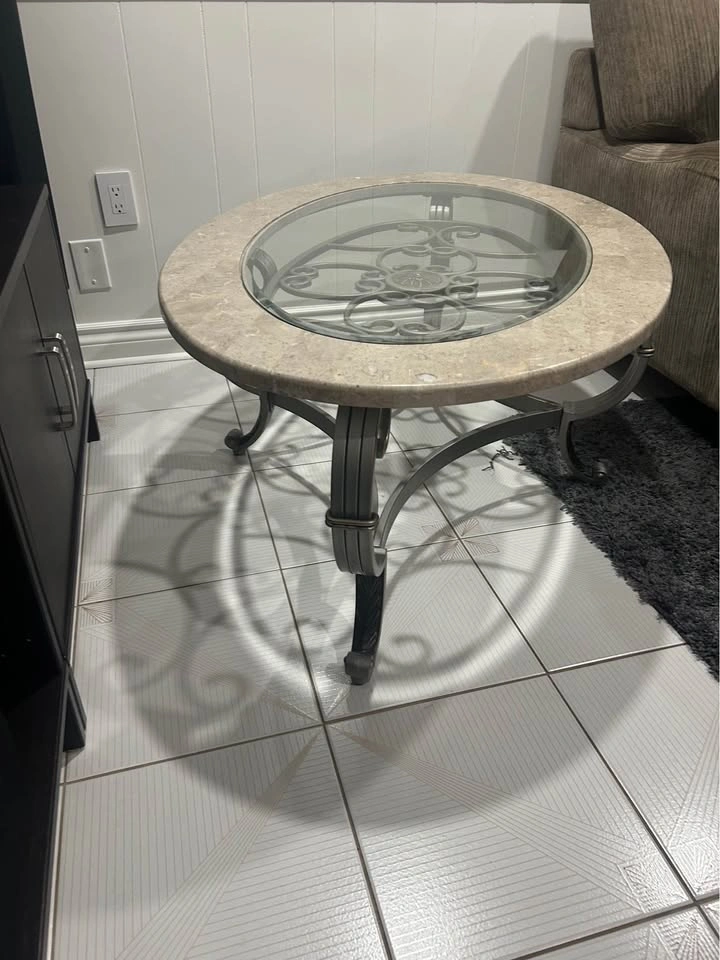 Oval Stone and Glass Coffee Table with Metal Base - photo 2