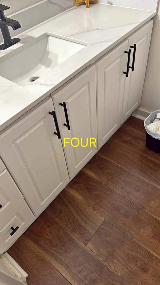 Vanity with quartz countertop + Black Mirrored Medicine Cabinet