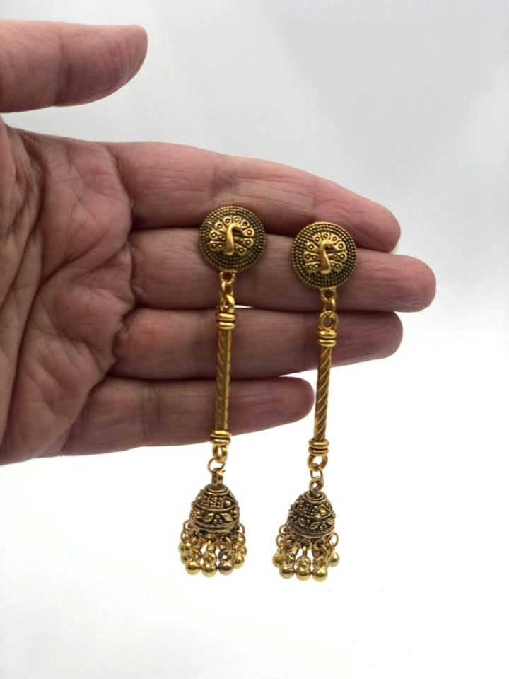 Antique Gold Long Stick Jhumka - Peacock Motif Earrings