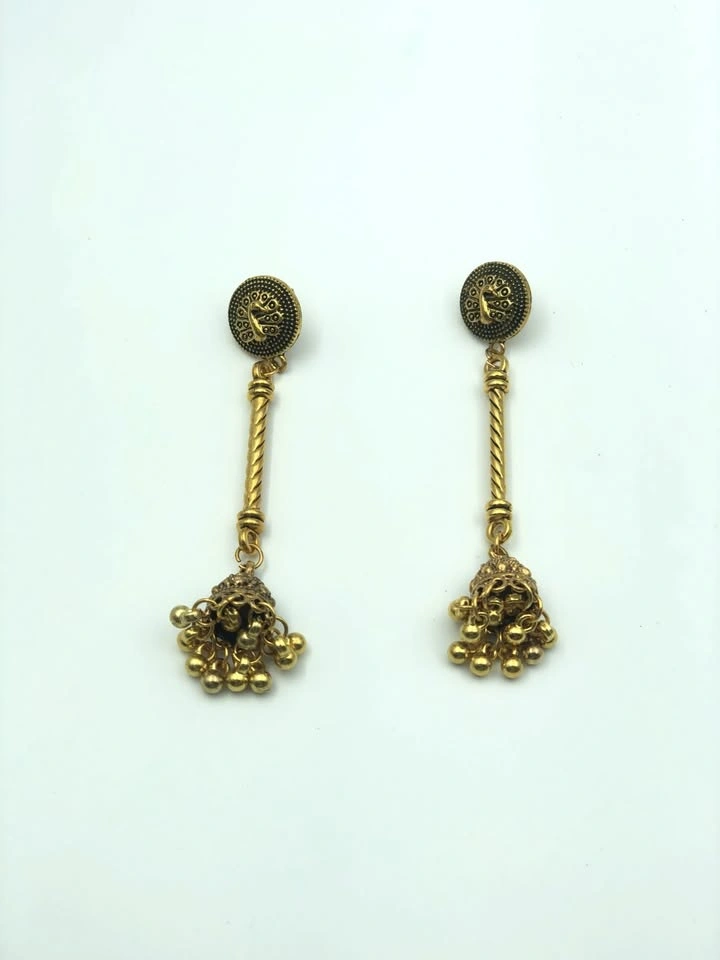Antique Gold Long Stick Jhumka - Peacock Motif Earrings - photo 2