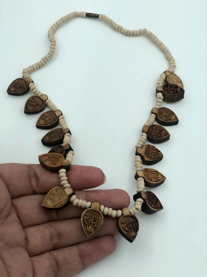 Radha Tulsi Mala - Engraved Wooden Bead Necklace