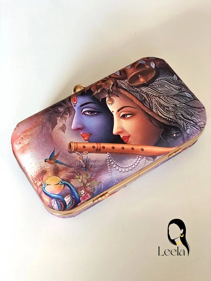 Luxury Radha Krishna Box Clutch with Gold Chain Sling