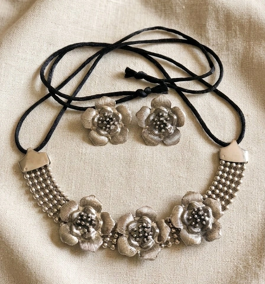 Premium Oxidized Silver Floral Choker & Earrings Set
