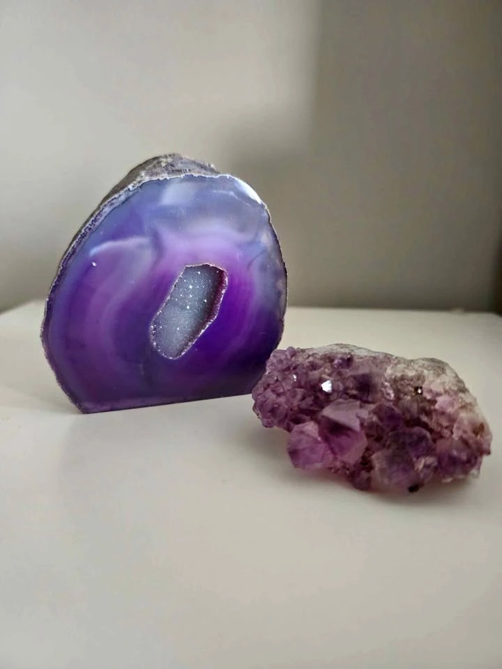 Crystals Purple Agate Geode with Druzy and Amethyst Cluster