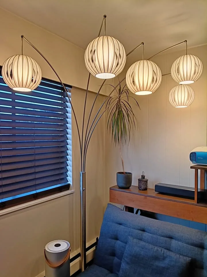 Floor Lamp Tall, Tree Arc 5 Lights, Polished Steel, White Shades