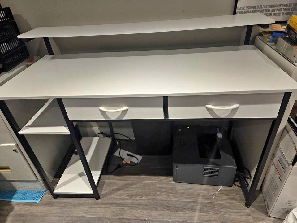 2-Tier White Computer Office Desk w/ 2 Fabric Drawers