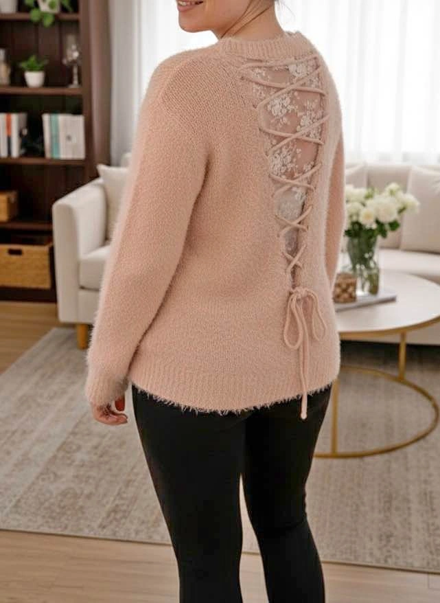 Molly Bracken Lace-Up Back Fuzzy Sweater - Size M/L