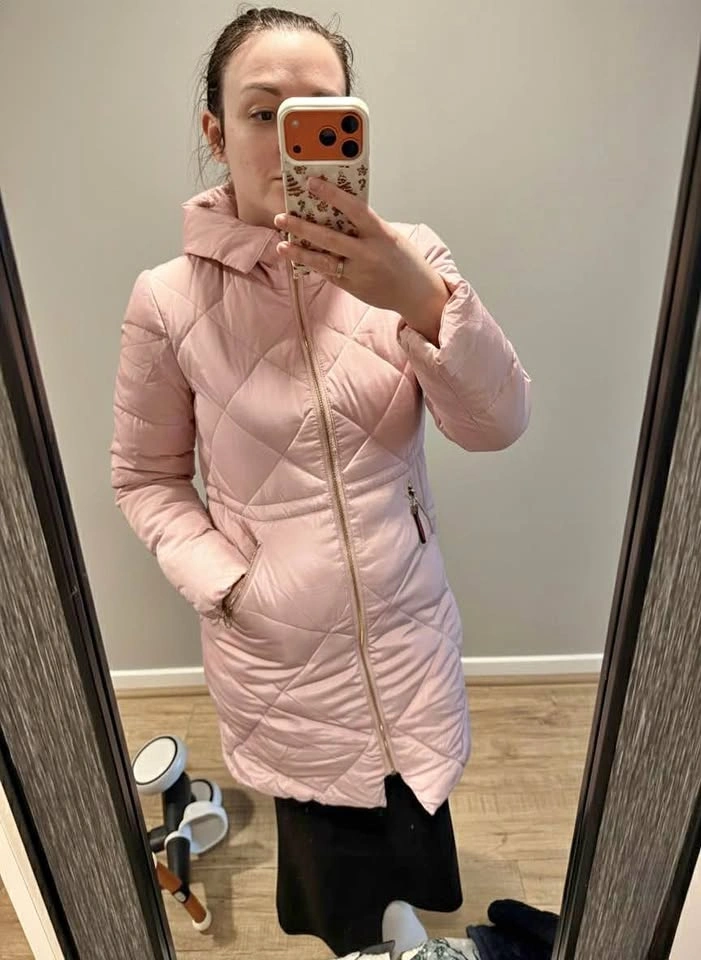Chic Pastel Pink Quilted Long Coat (No Fur) - Size Medium