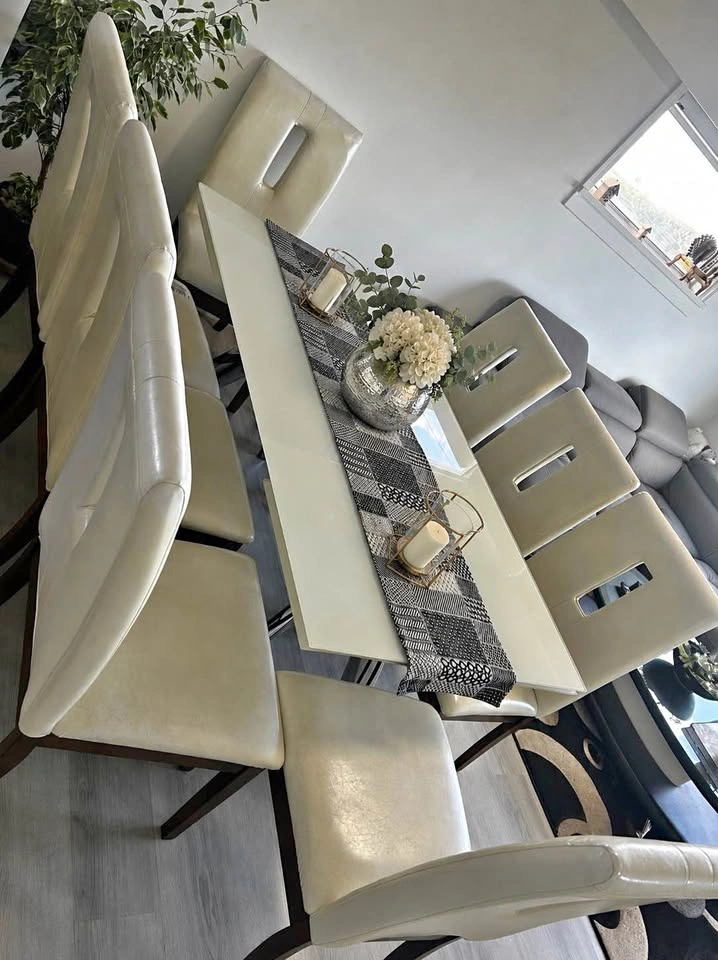 Extendable Dining Table Set with 8 Chairs - White Glass Top