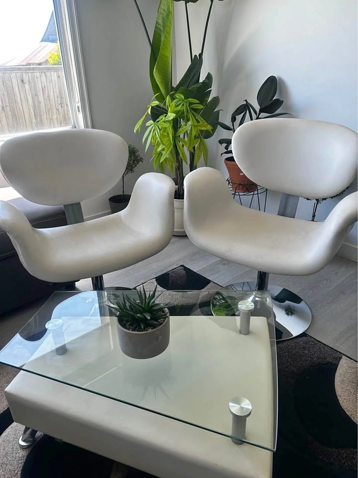 Modern White Accent Chairs & Glass Coffee Table Set