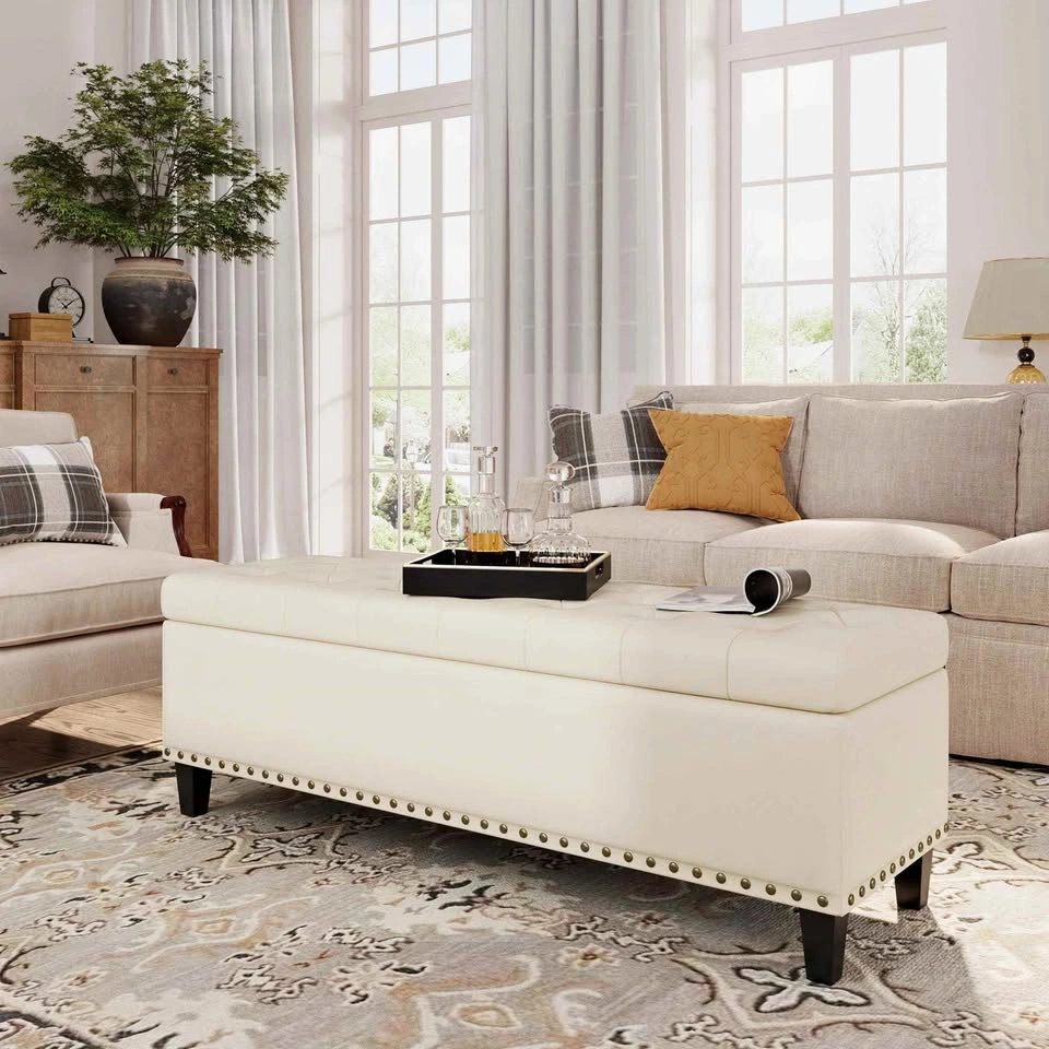 LUXURIOUS Cream Tufted Storage Ottoman Sofa Bench